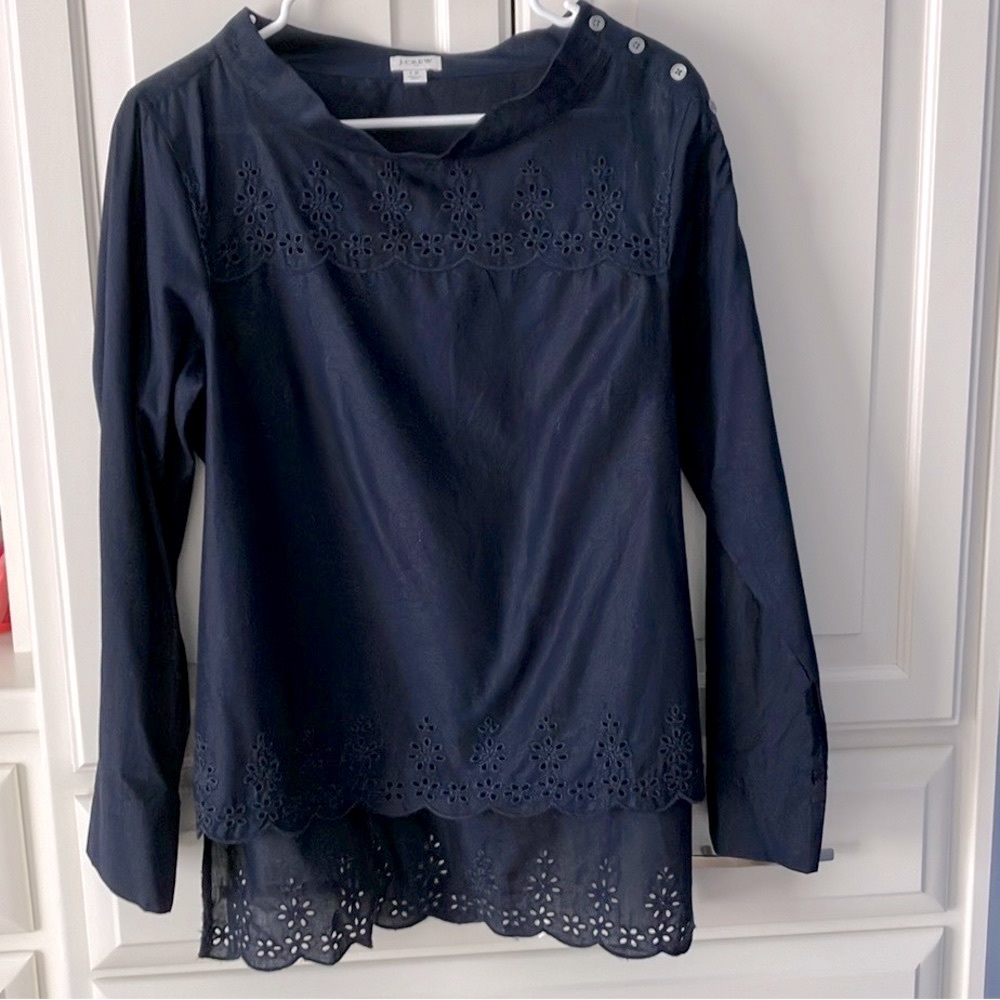 J.Crew button shoulder eyelet trim navy blue, LS cotton shirt.  size 12
